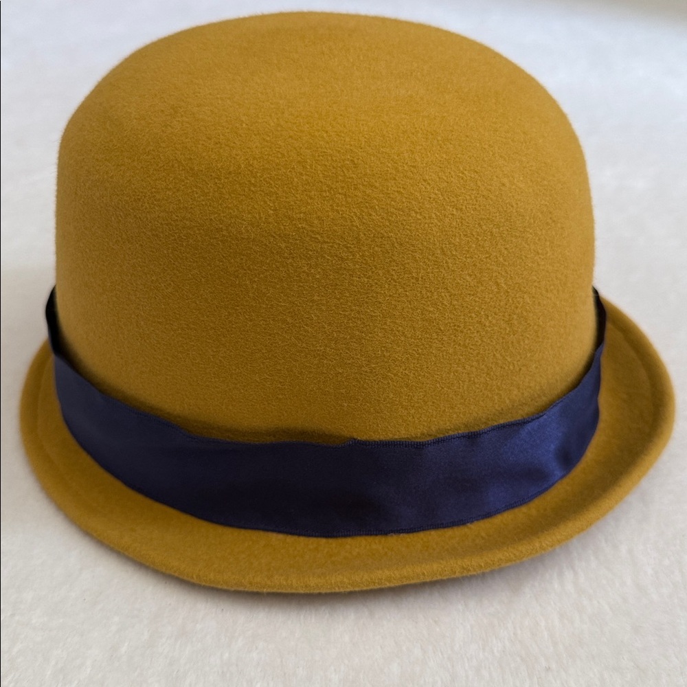 {VTG} Linda Campisano | Felt Cloche Ribbon Trimmed Hat Mustard Yellow/Purple - Picture 5 of 11